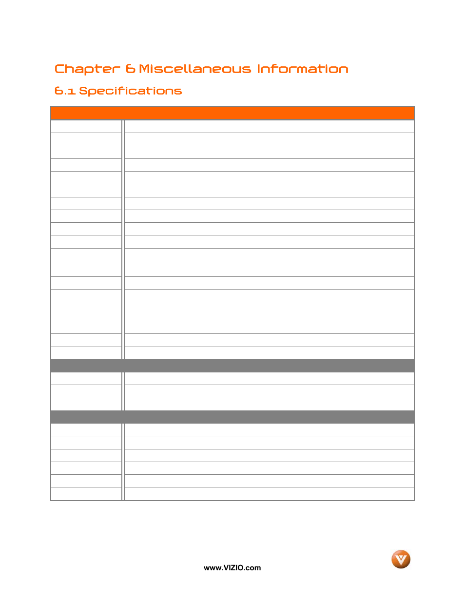Chapter 6 miscellaneous information, 1 specifications | Vizio VX42L User Manual | Page 54 / 57