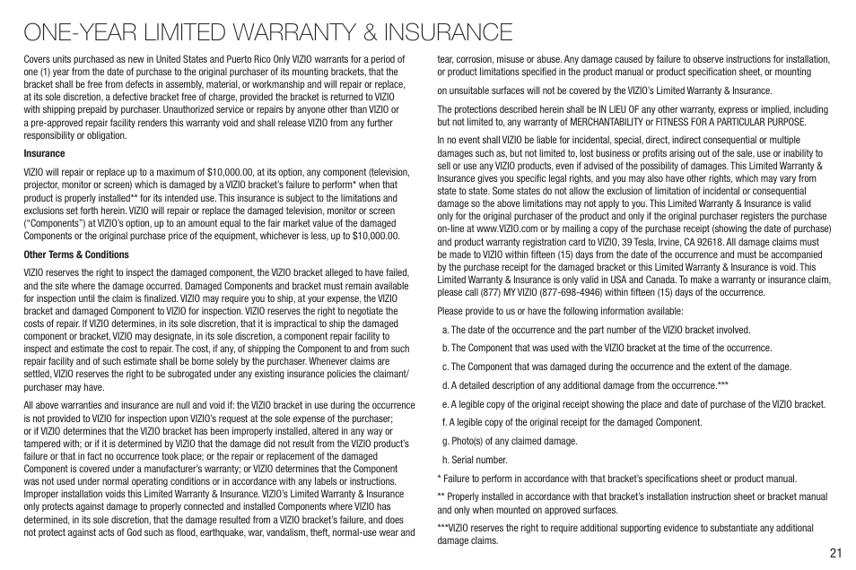 One-year limited warranty & insurance | Vizio XMF1000 User Manual | Page 23 / 24