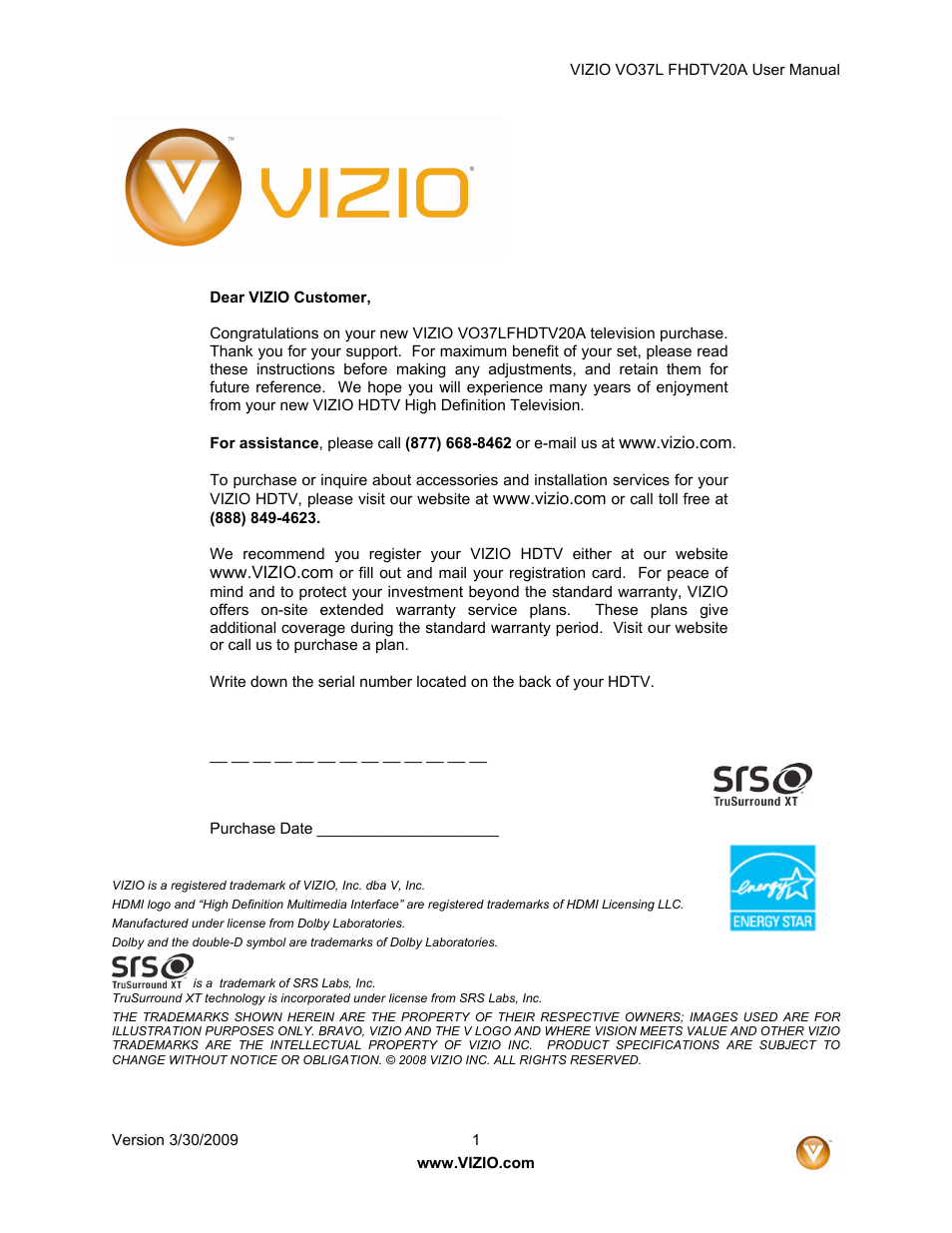 Vizio VO37L 20A User Manual | 57 pages