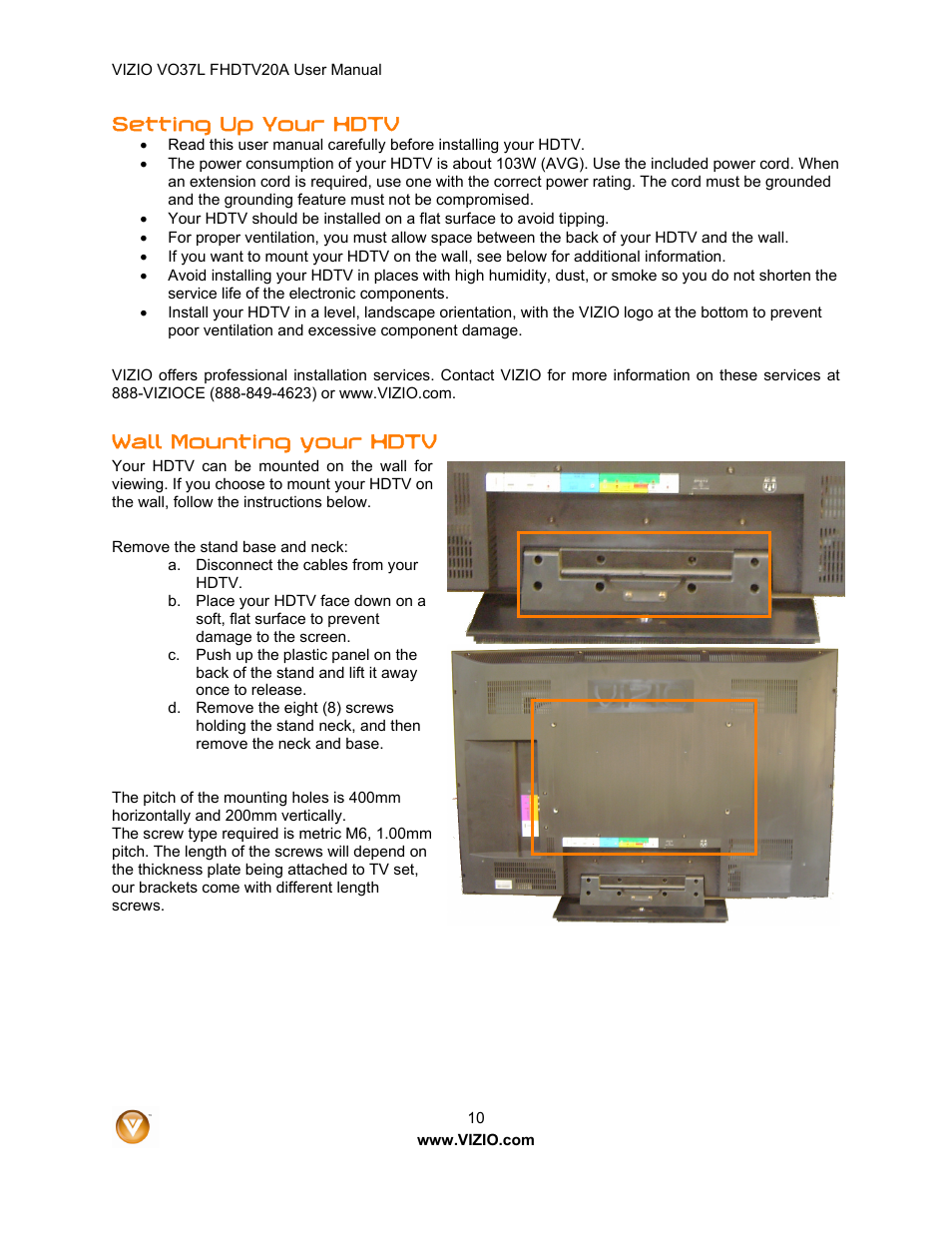 Setting up your hdtv, Wall mounting your hdtv | Vizio VO37L 20A User Manual | Page 10 / 57