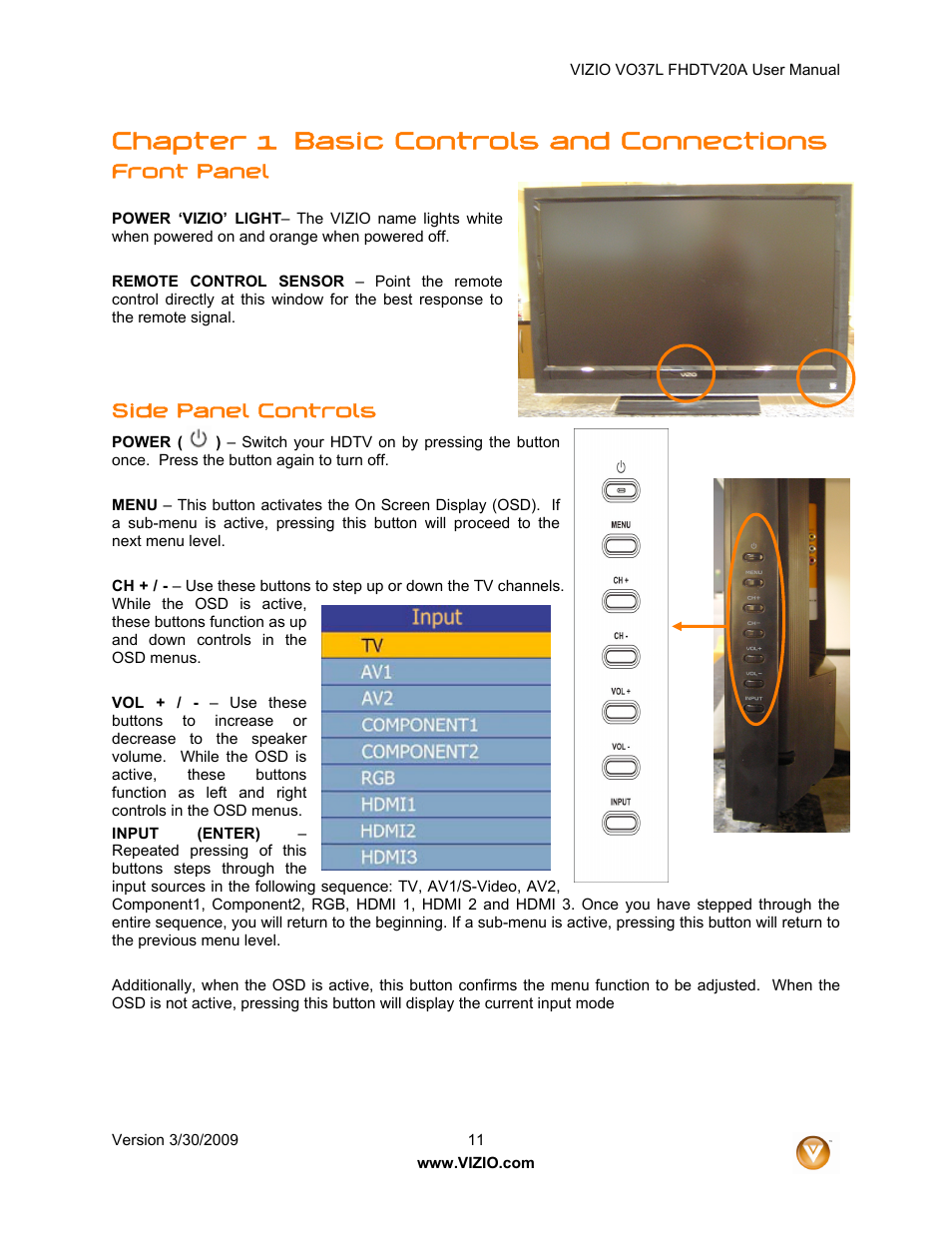 Chapter 1 basic controls and connections, Front panel, Side panel controls | Vizio VO37L 20A User Manual | Page 11 / 57