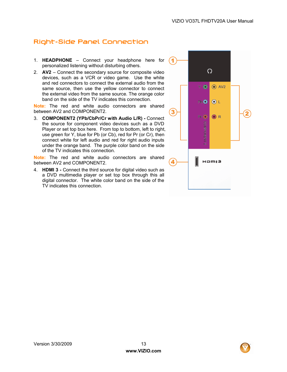 Right-side panel connection | Vizio VO37L 20A User Manual | Page 13 / 57