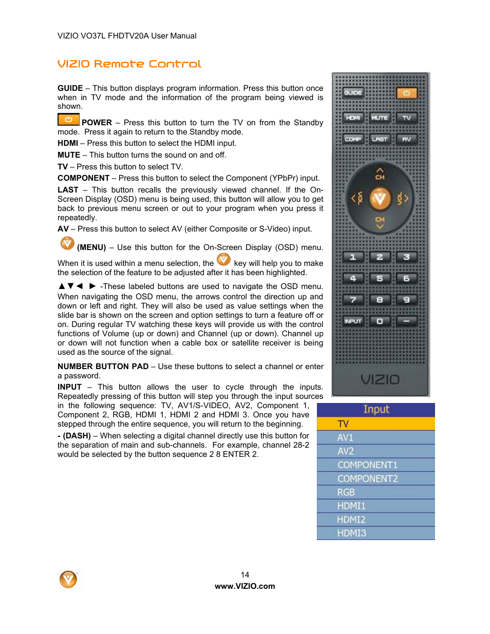 Vizio remote control | Vizio VO37L 20A User Manual | Page 14 / 57