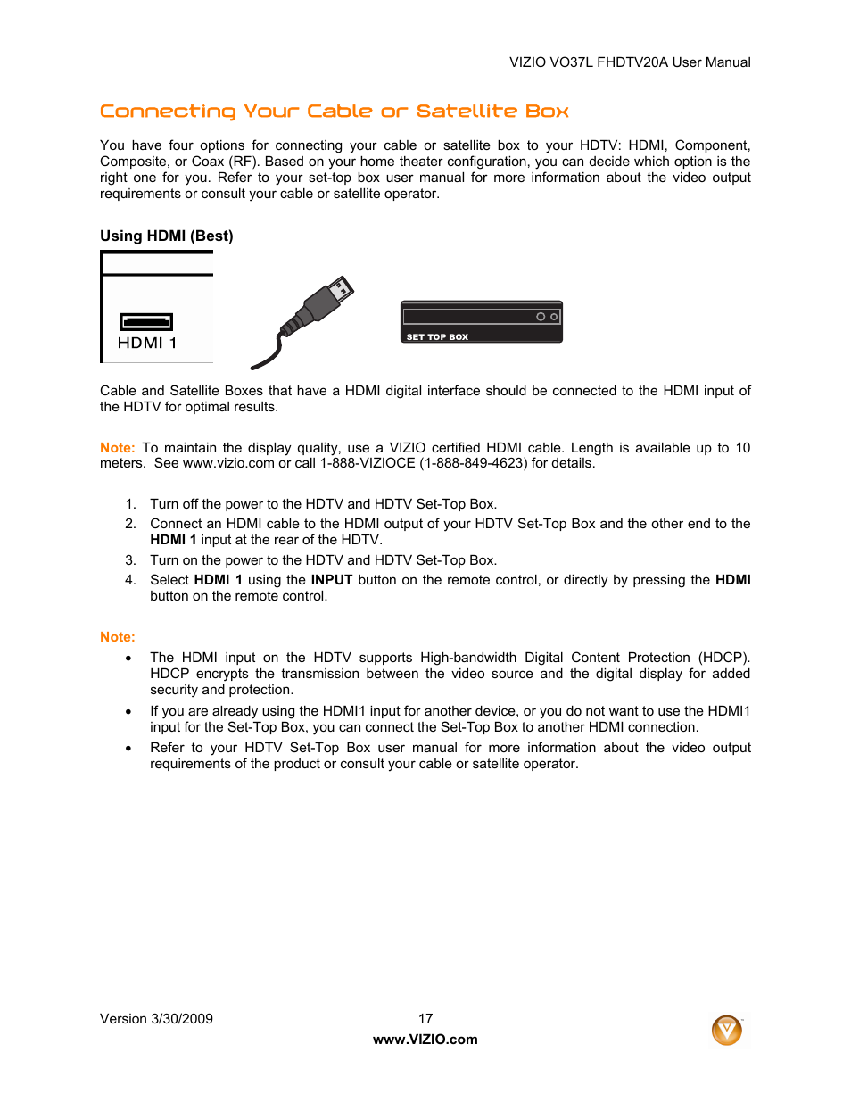Connecting your cable or satellite box | Vizio VO37L 20A User Manual | Page 17 / 57