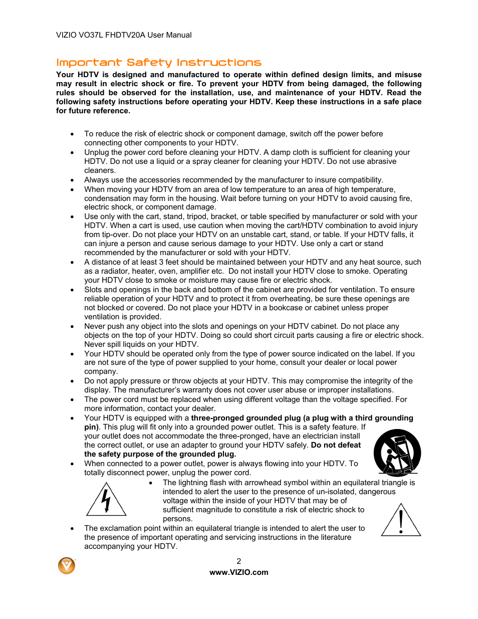 Important safety instructions | Vizio VO37L 20A User Manual | Page 2 / 57