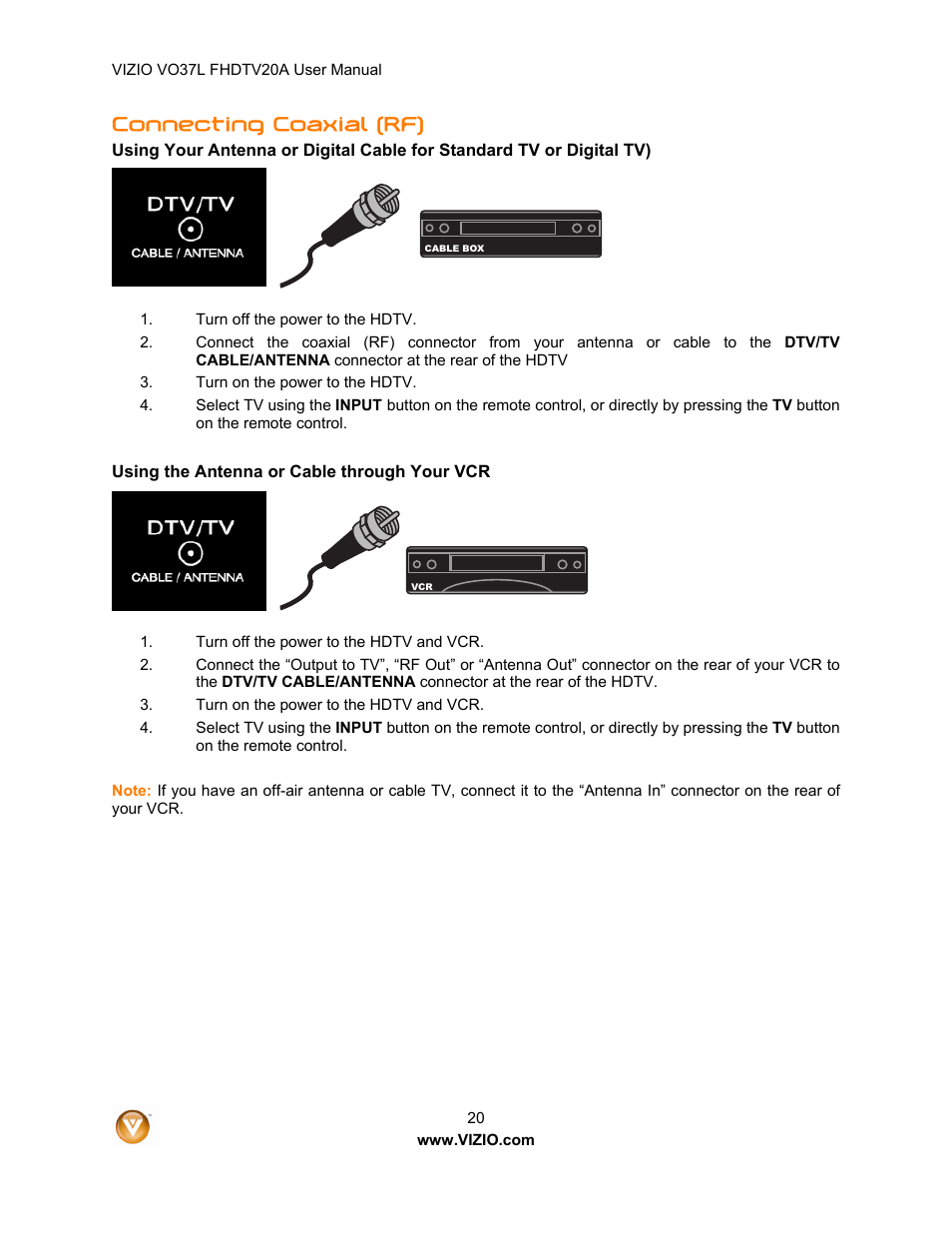 Connecting coaxial (rf) | Vizio VO37L 20A User Manual | Page 20 / 57