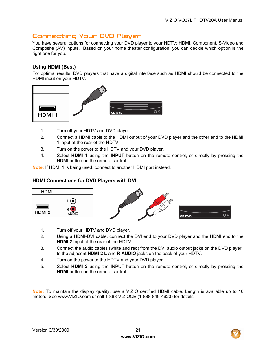 Connecting your dvd player | Vizio VO37L 20A User Manual | Page 21 / 57