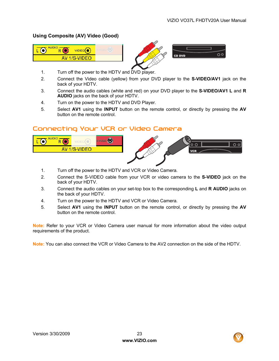 Connecting your vcr or video camera | Vizio VO37L 20A User Manual | Page 23 / 57