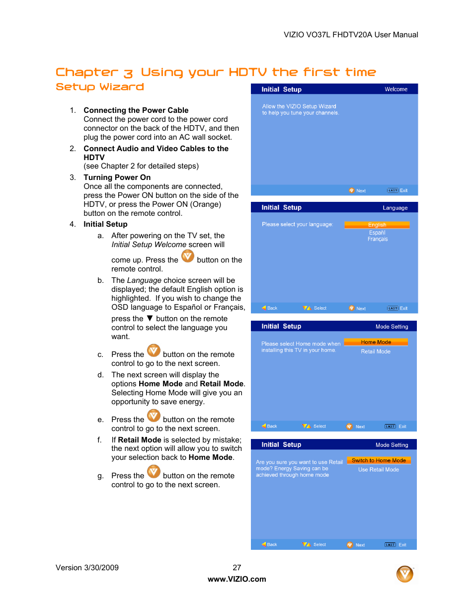 Chapter 3 using your hdtv the first time, Setup wizard | Vizio VO37L 20A User Manual | Page 27 / 57