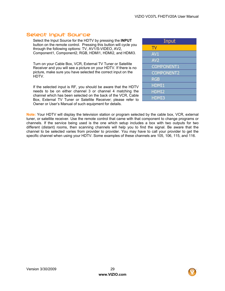 Select input source | Vizio VO37L 20A User Manual | Page 29 / 57