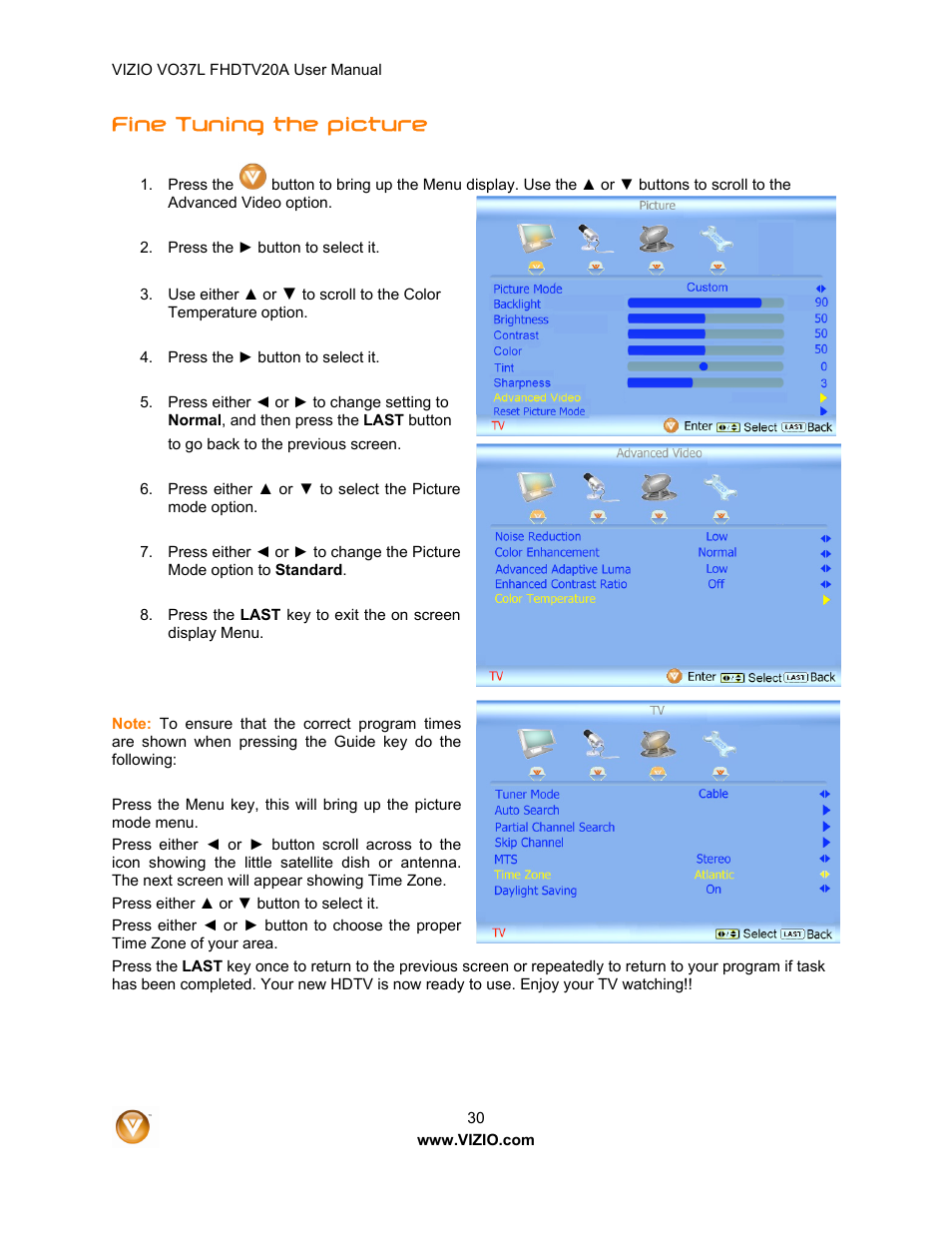 Fine tuning the picture | Vizio VO37L 20A User Manual | Page 30 / 57