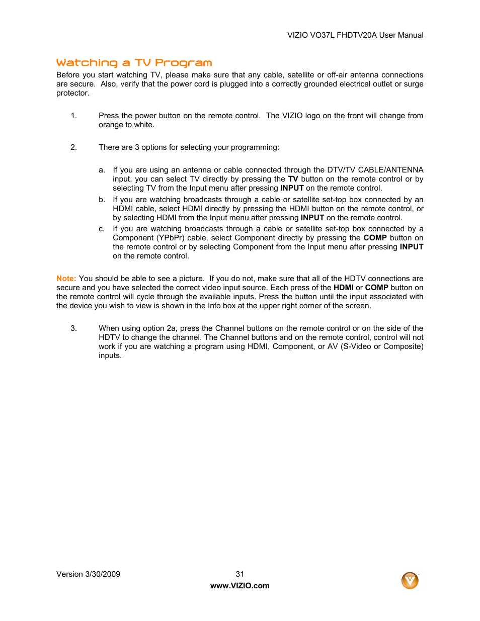 Watching a tv program | Vizio VO37L 20A User Manual | Page 31 / 57