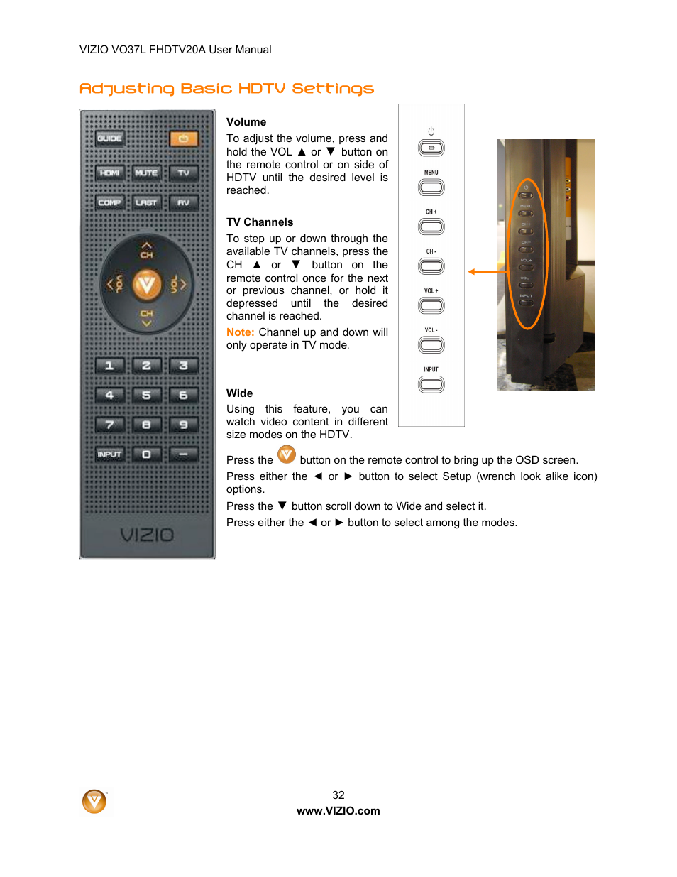 Adjusting basic hdtv settings | Vizio VO37L 20A User Manual | Page 32 / 57