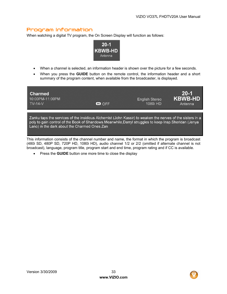 Program information | Vizio VO37L 20A User Manual | Page 33 / 57