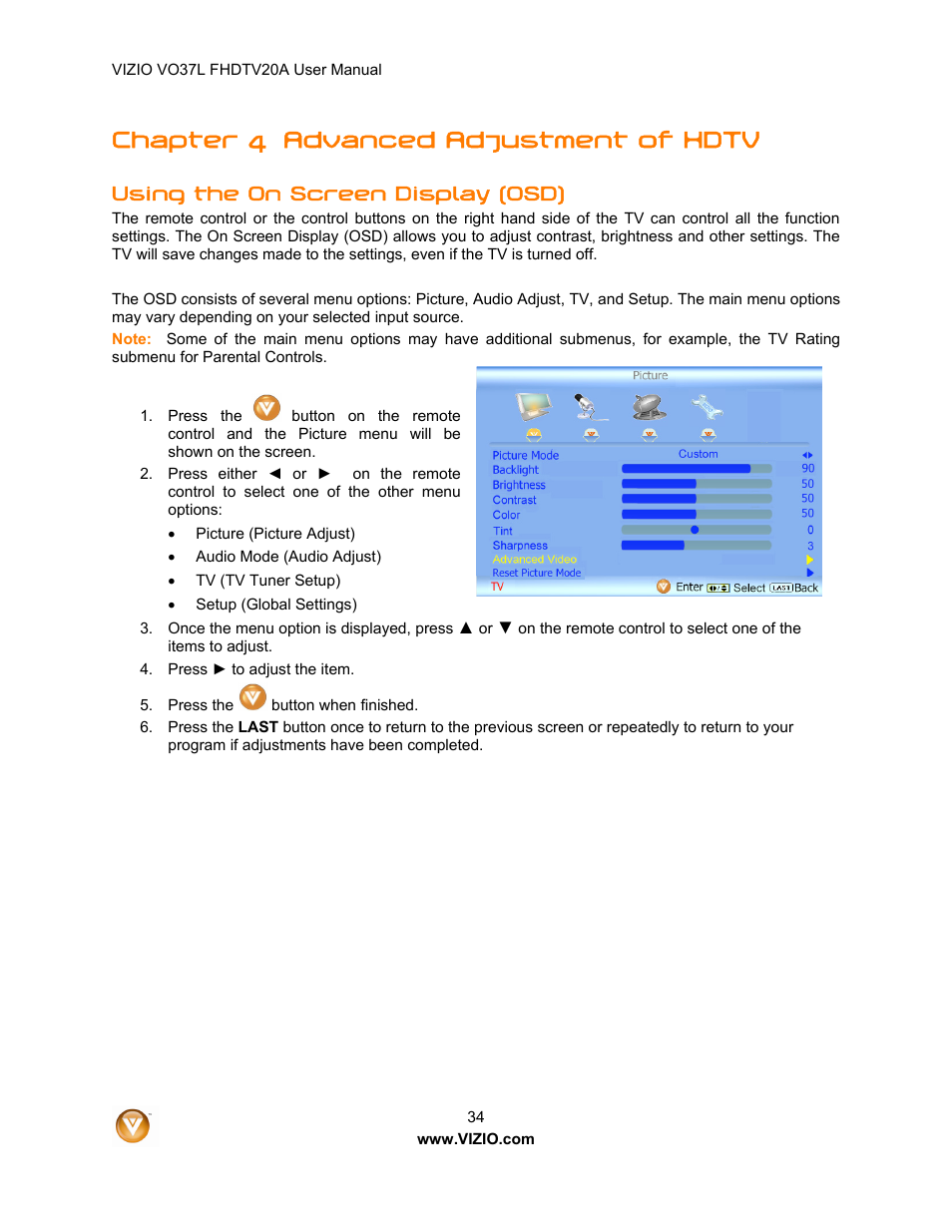 Chapter 4 advanced adjustment of hdtv, Using the on screen display (osd) | Vizio VO37L 20A User Manual | Page 34 / 57