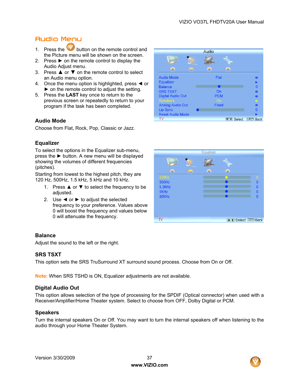 Audio menu | Vizio VO37L 20A User Manual | Page 37 / 57