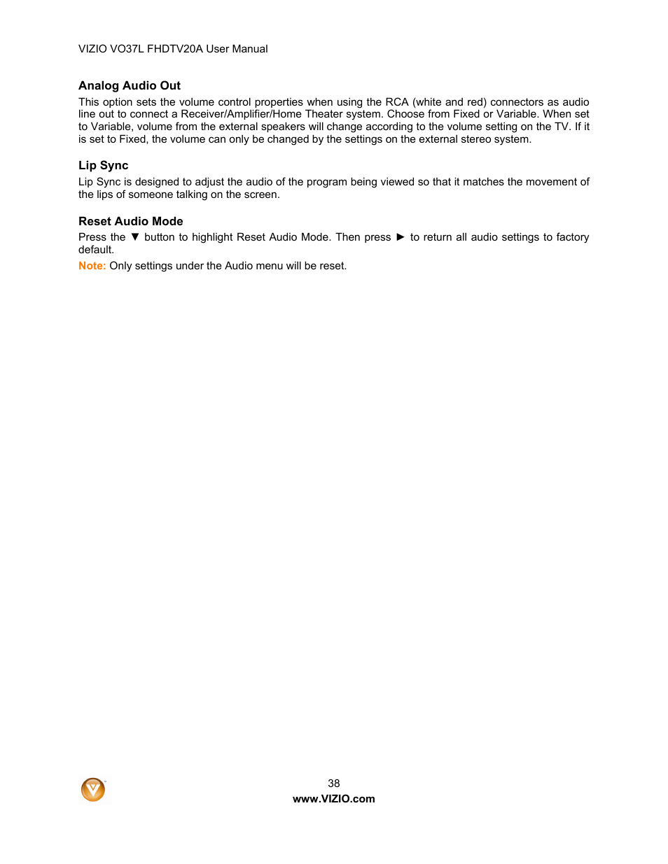 Vizio VO37L 20A User Manual | Page 38 / 57