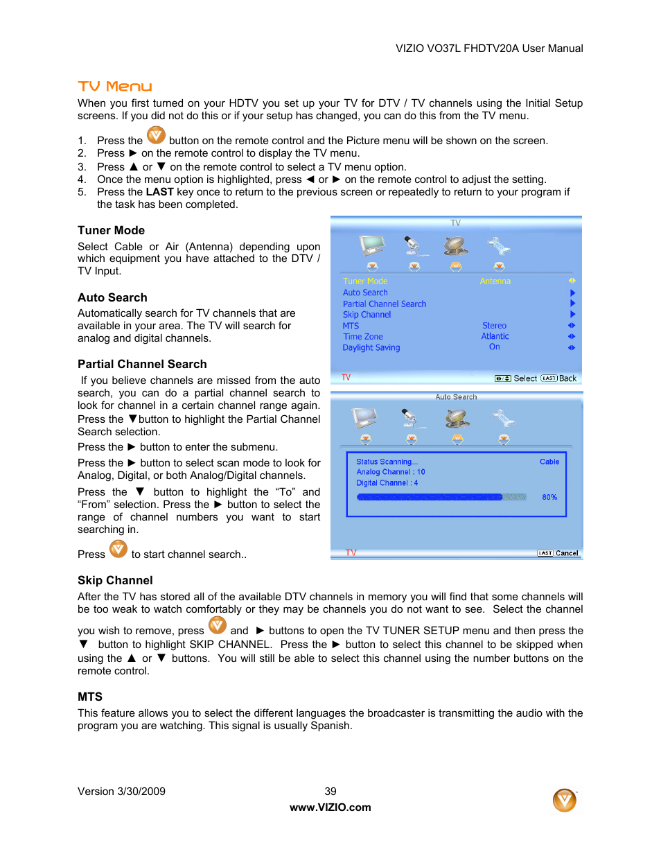 Tv menu | Vizio VO37L 20A User Manual | Page 39 / 57