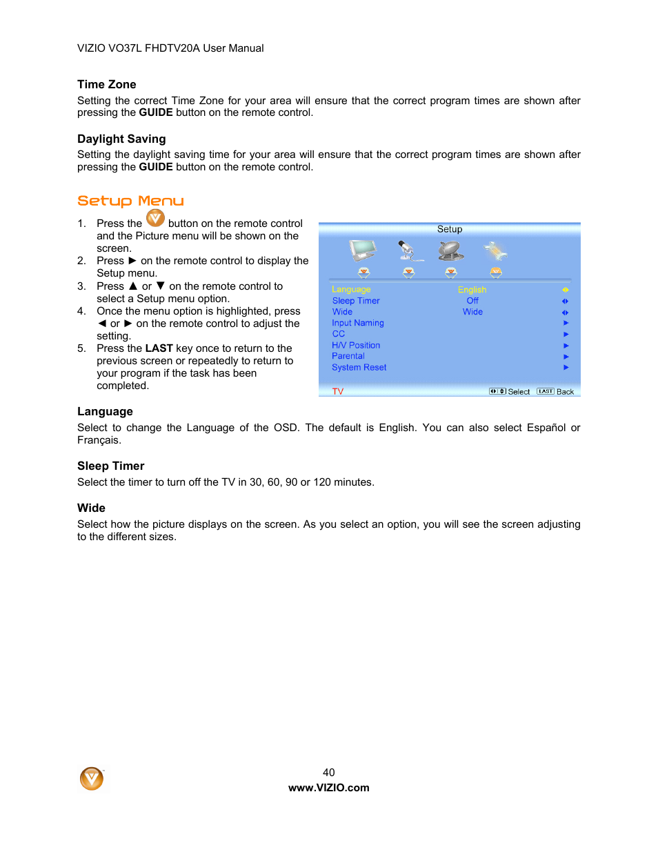 Setup menu | Vizio VO37L 20A User Manual | Page 40 / 57