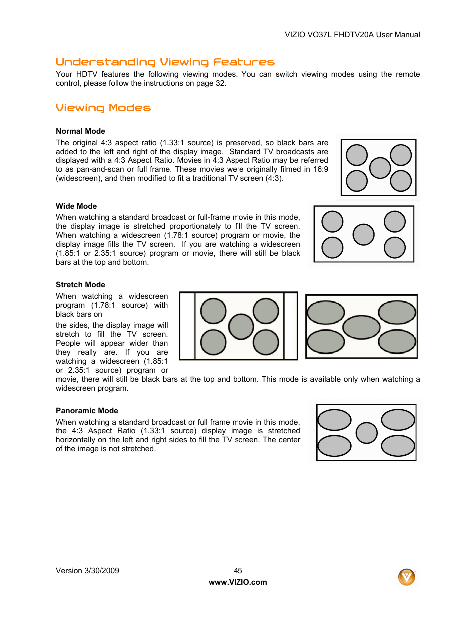 Understanding viewing features, Viewing modes | Vizio VO37L 20A User Manual | Page 45 / 57