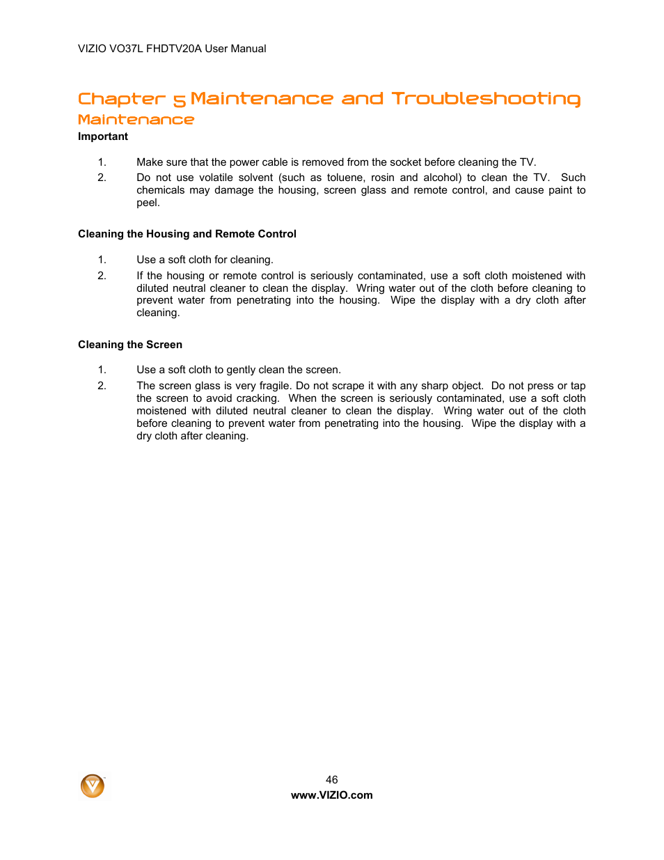 Maintenance and troubleshooting, Chapter 5, Maintenance | Vizio VO37L 20A User Manual | Page 46 / 57