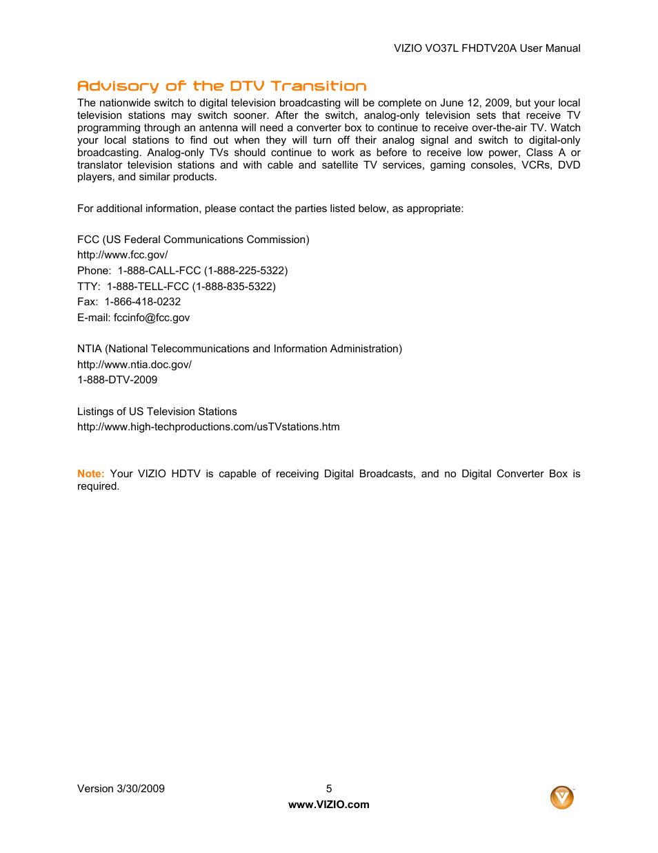 Advisory of the dtv transition | Vizio VO37L 20A User Manual | Page 5 / 57