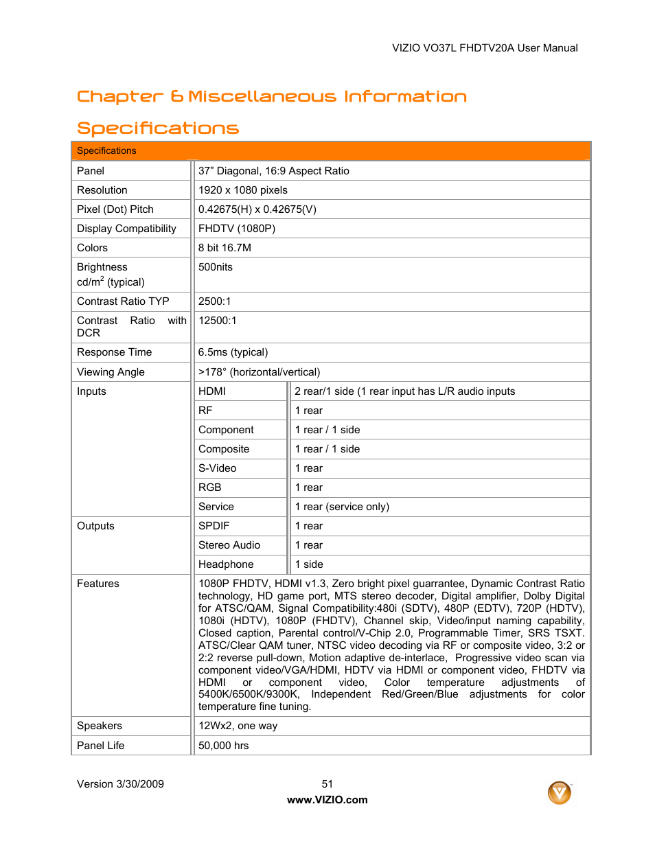 Specifications, Chapter 6 miscellaneous information | Vizio VO37L 20A User Manual | Page 51 / 57