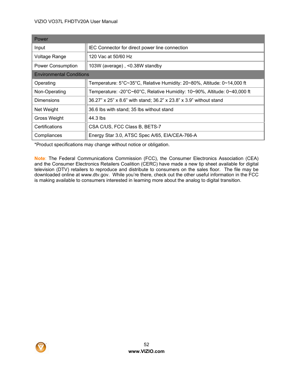 Vizio VO37L 20A User Manual | Page 52 / 57