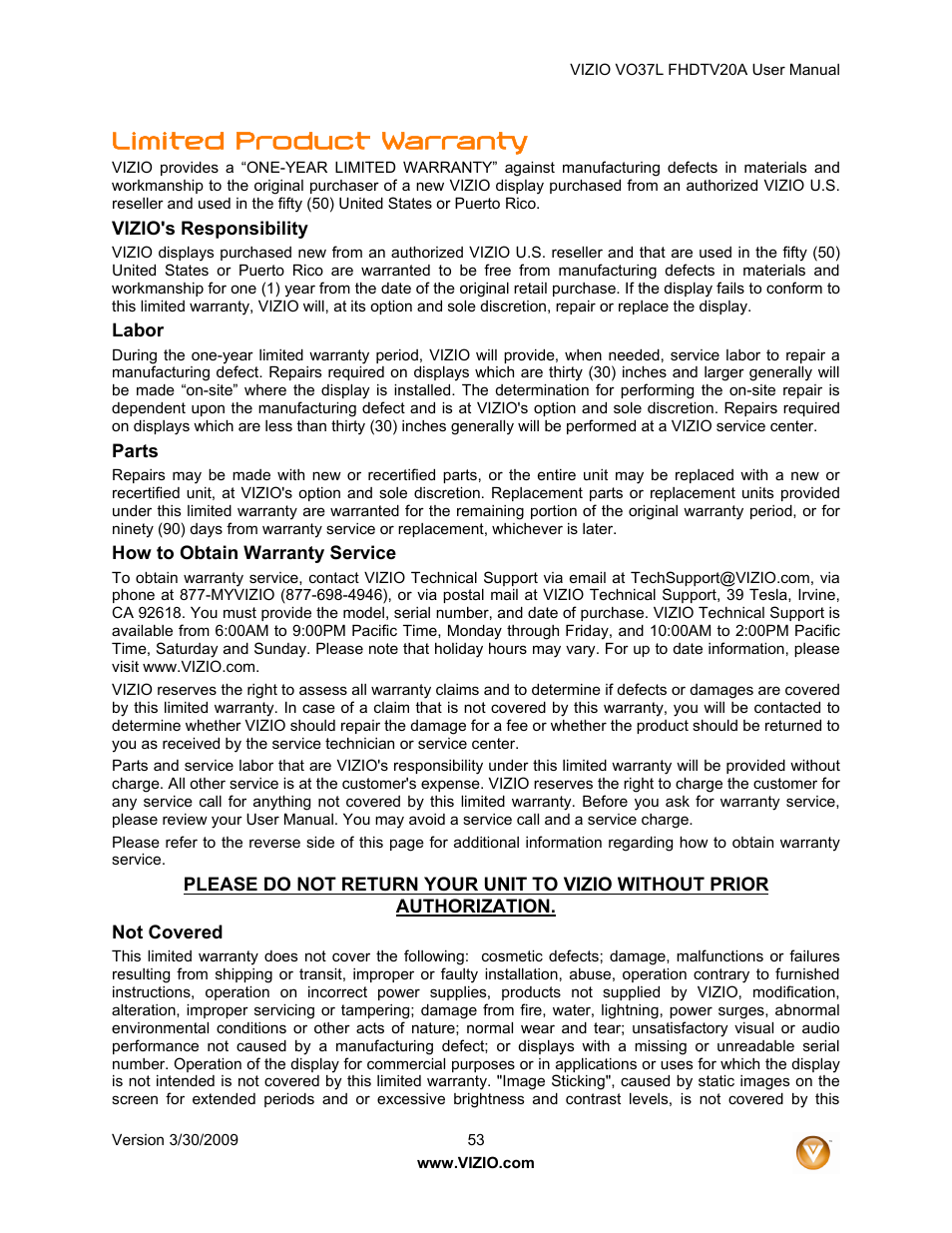 Limited product warranty | Vizio VO37L 20A User Manual | Page 53 / 57
