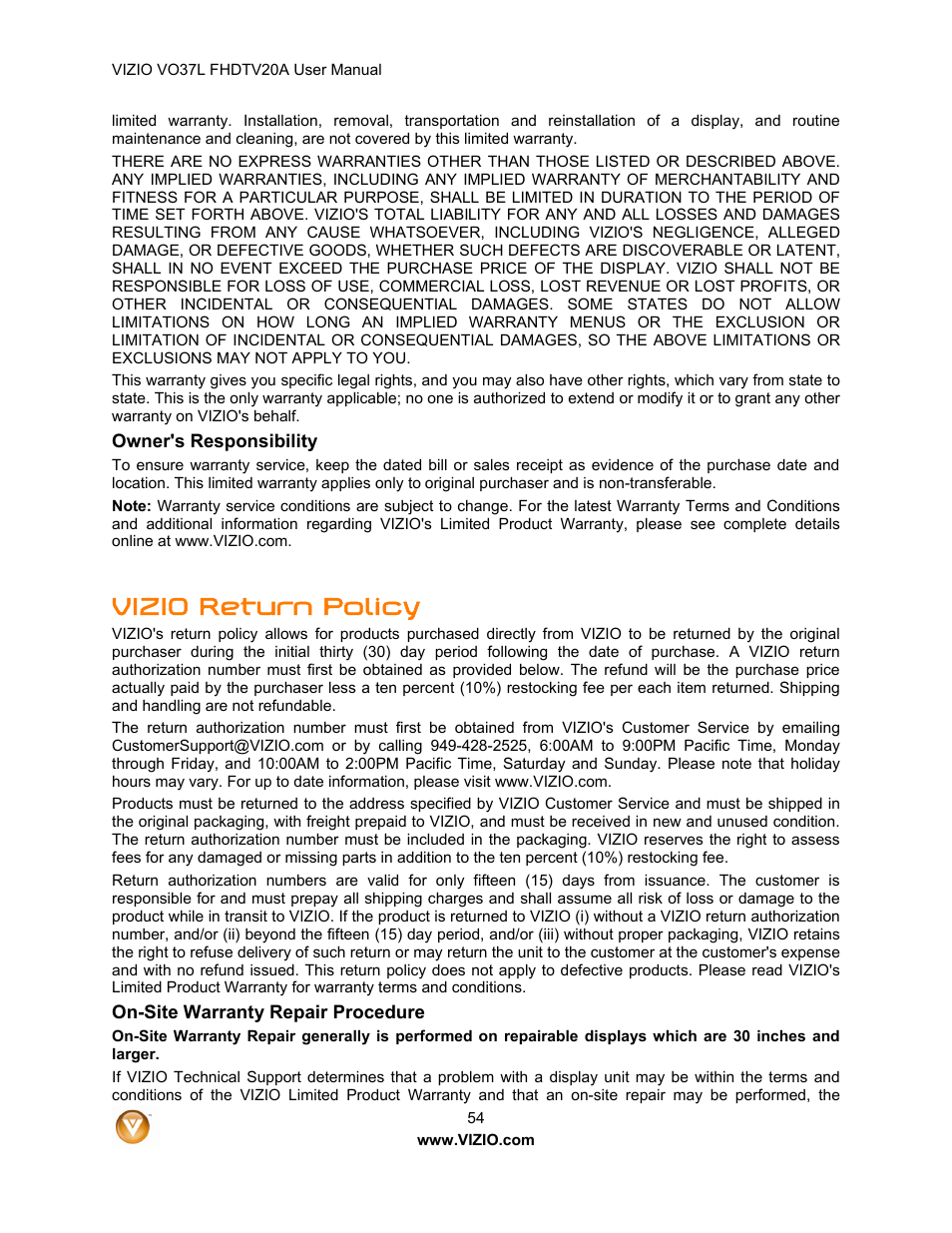 Vizio return policy | Vizio VO37L 20A User Manual | Page 54 / 57