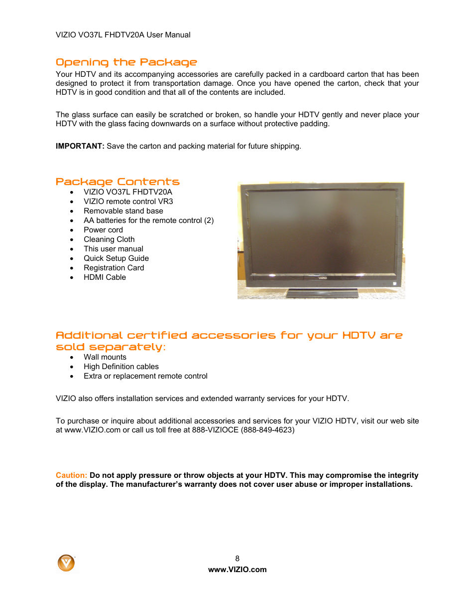 Opening the package, Package contents | Vizio VO37L 20A User Manual | Page 8 / 57