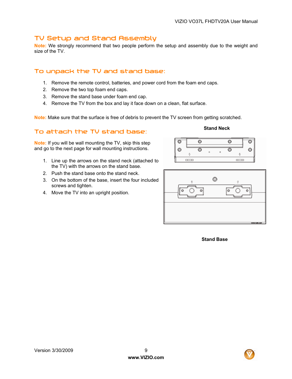 Tv setup and stand assembly | Vizio VO37L 20A User Manual | Page 9 / 57