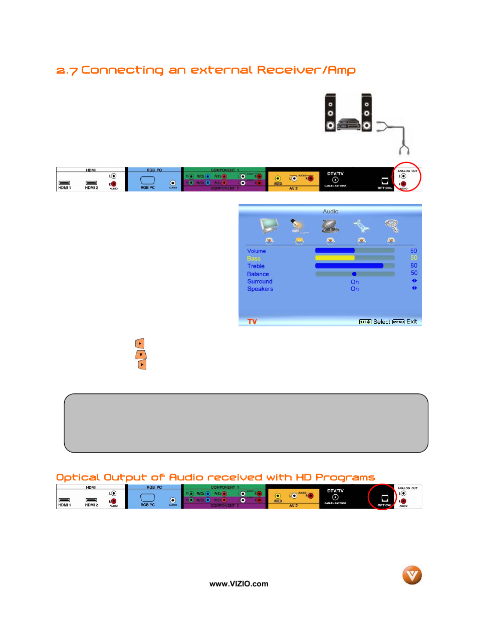 7 connecting an external receiver/amp | Vizio VW42L User Manual | Page 23 / 57