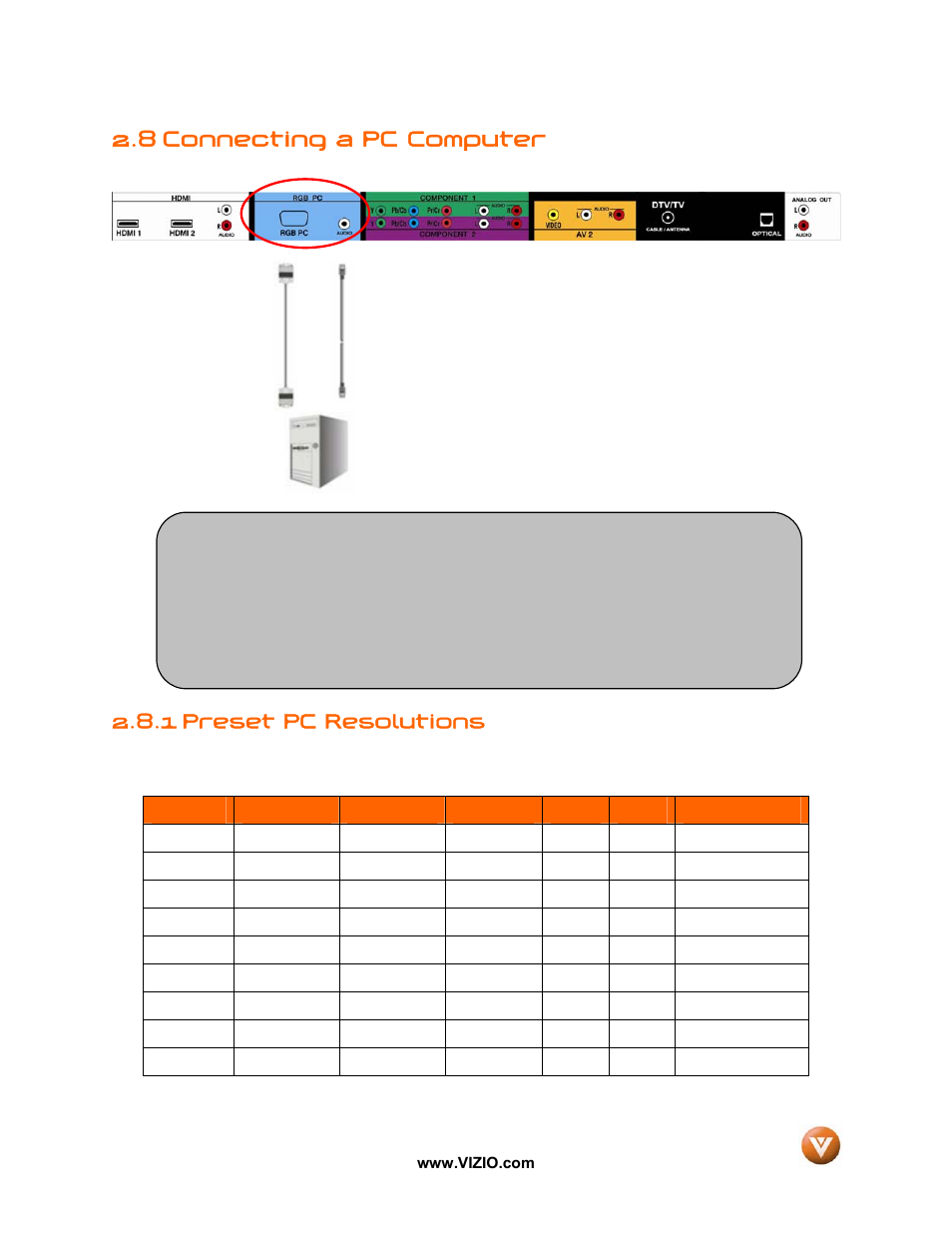 8 connecting a pc computer, 1 preset pc resolutions | Vizio VW42L User Manual | Page 24 / 57