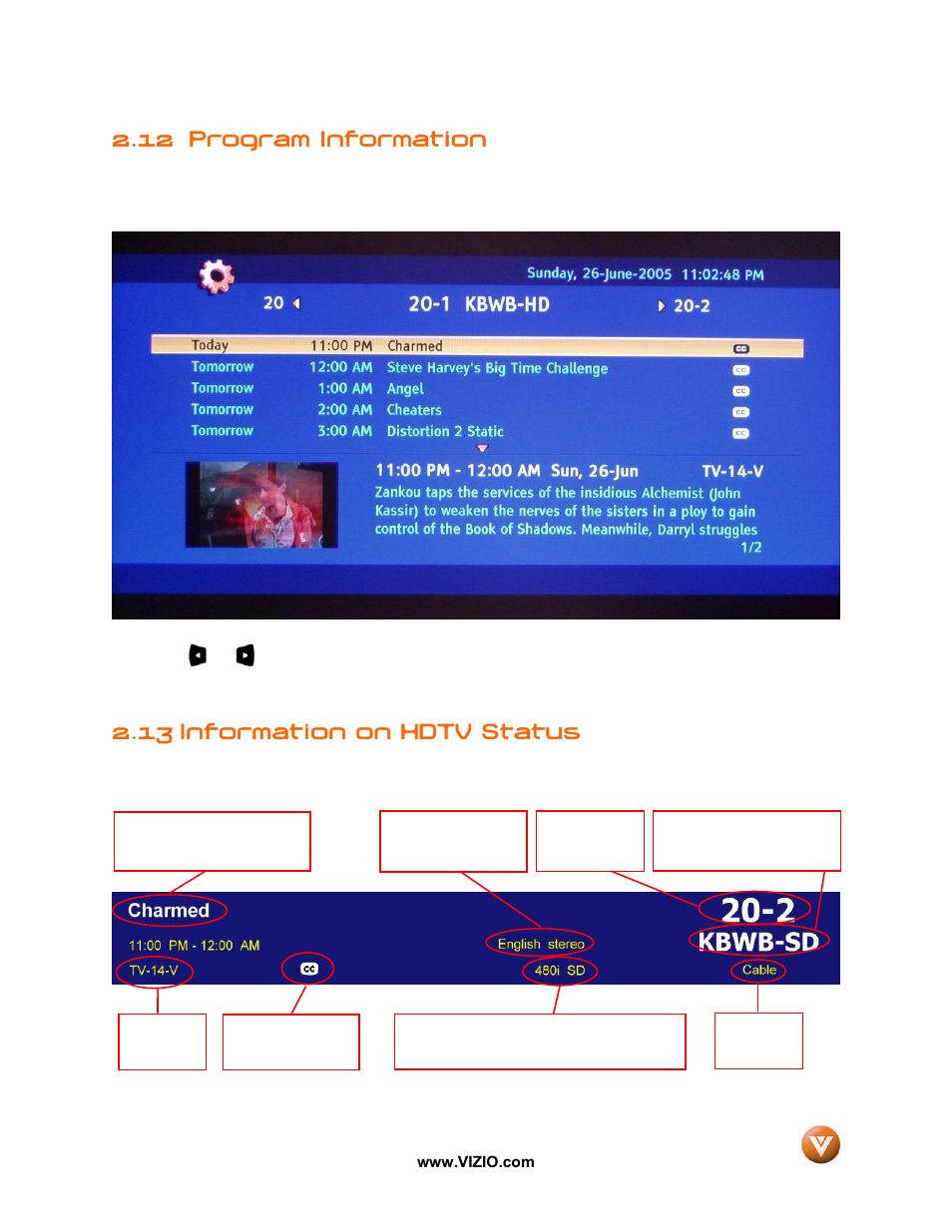 12 program information, 13 information on hdtv status | Vizio VW42L User Manual | Page 29 / 57