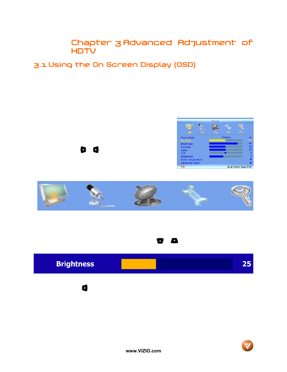 1 using the on screen display (osd), Chapter 3 advanced adjustment of hdtv | Vizio VW42L User Manual | Page 30 / 57