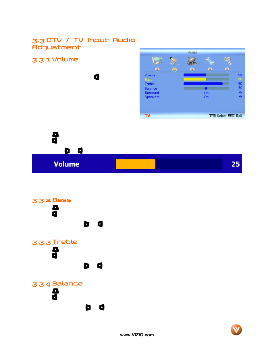 3 dtv / tv input audio adjustment, 1 volume, 2 bass | 3 treble, 4 balance | Vizio VW42L User Manual | Page 35 / 57
