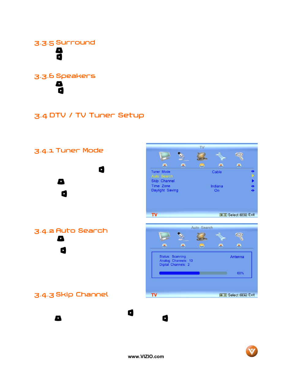 5 surround, 6 speakers, 4 dtv / tv tuner setup | Tuner mode, Auto search, 3 skip channel, 1 tuner mode, 2 auto search | Vizio VW42L User Manual | Page 36 / 57