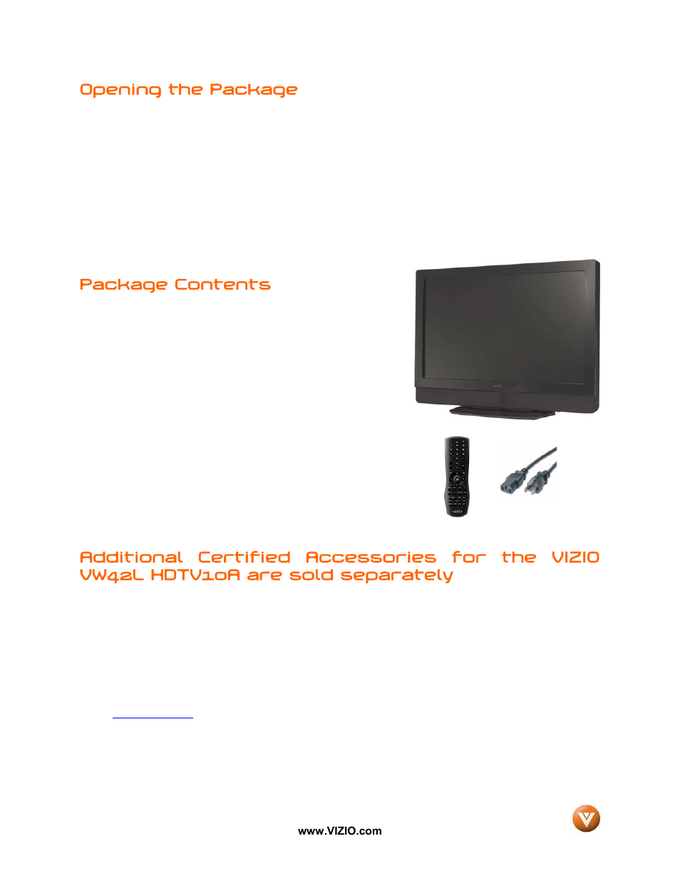 Opening the package, Package contents | Vizio VW42L User Manual | Page 4 / 57