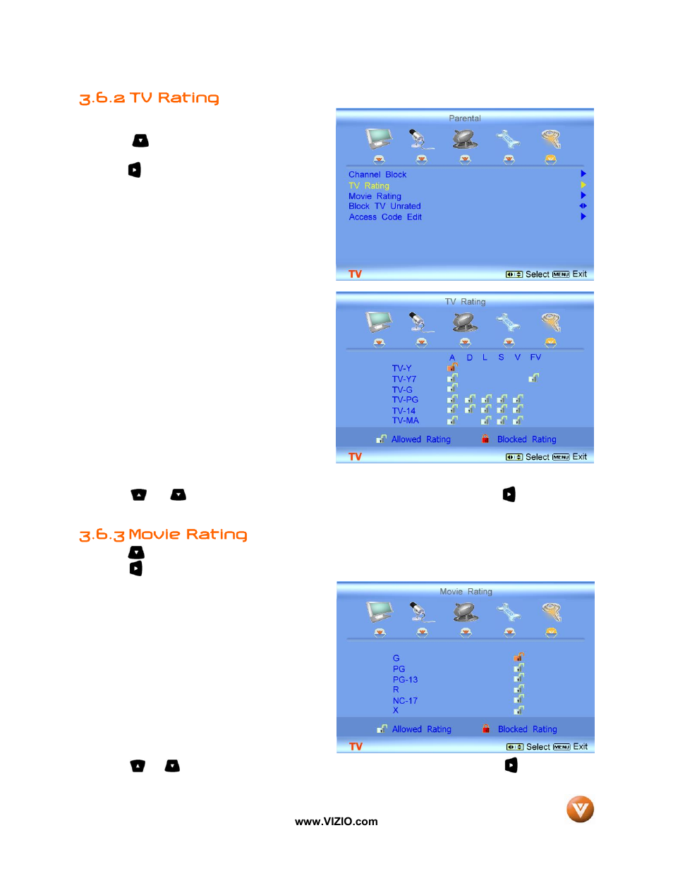 2 tv rating, 3 movie rating | Vizio VW42L User Manual | Page 40 / 57