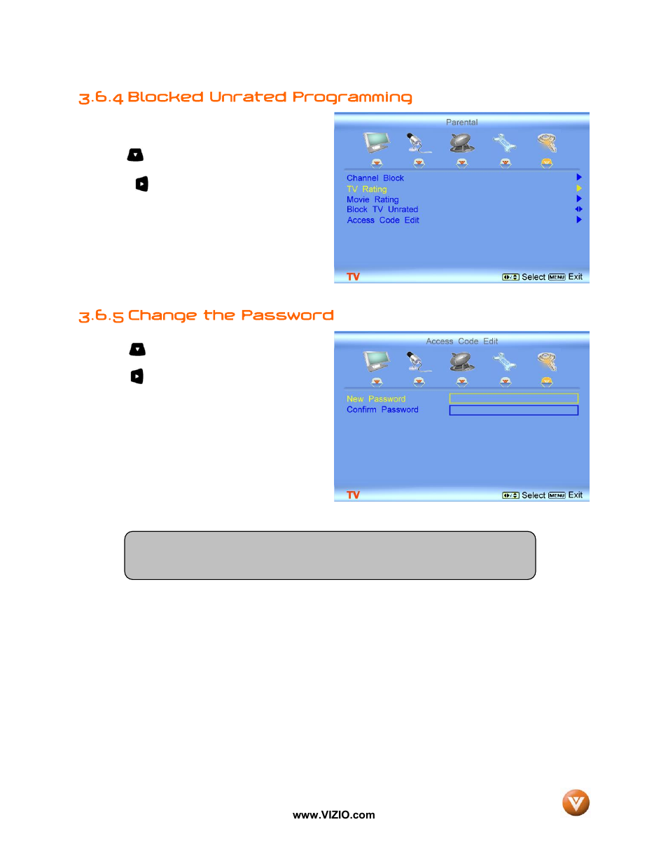4 blocked unrated programming, 5 change the password | Vizio VW42L User Manual | Page 41 / 57