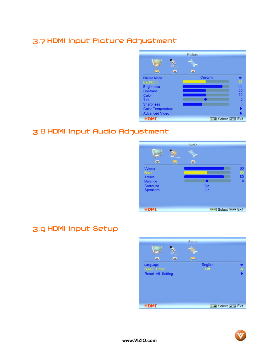 7 hdmi input picture adjustment, 8 hdmi input audio adjustment, 9 hdmi input setup | Vizio VW42L User Manual | Page 42 / 57