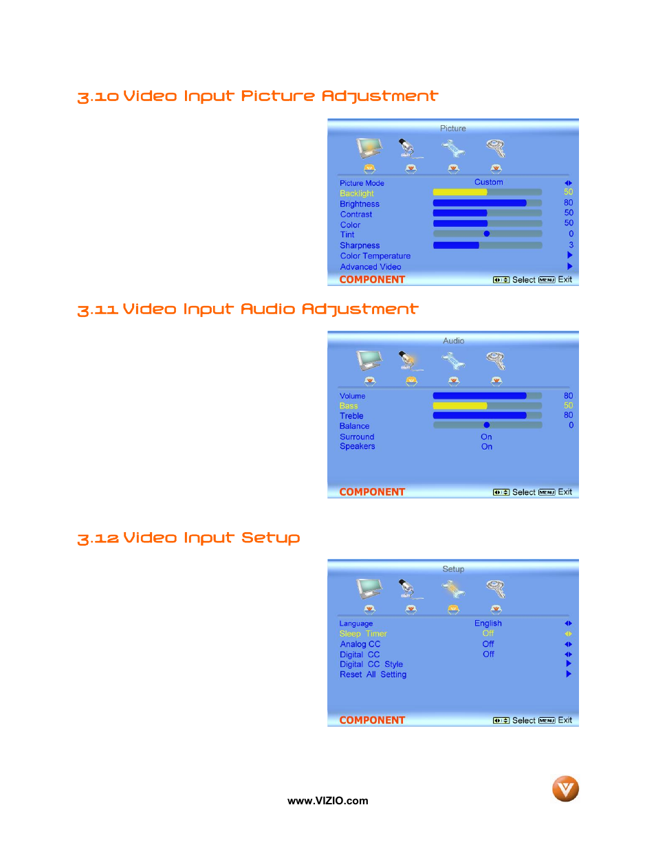 10 video input picture adjustment, 11 video input audio adjustment, 12 video input setup | Vizio VW42L User Manual | Page 43 / 57
