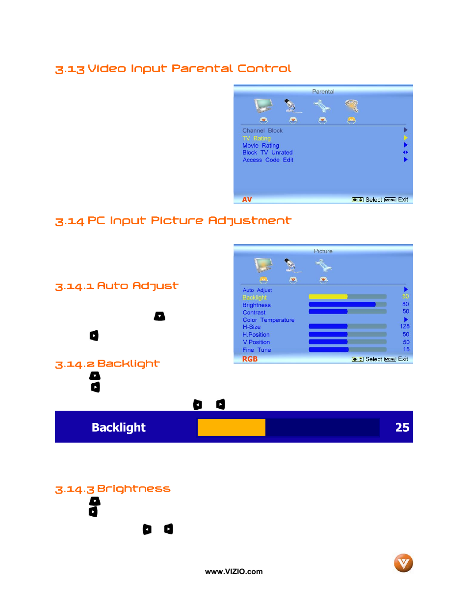 13 video input parental control, 14 pc input picture adjustment, 1 auto adjust | 2 backlight, 3 brightness | Vizio VW42L User Manual | Page 44 / 57
