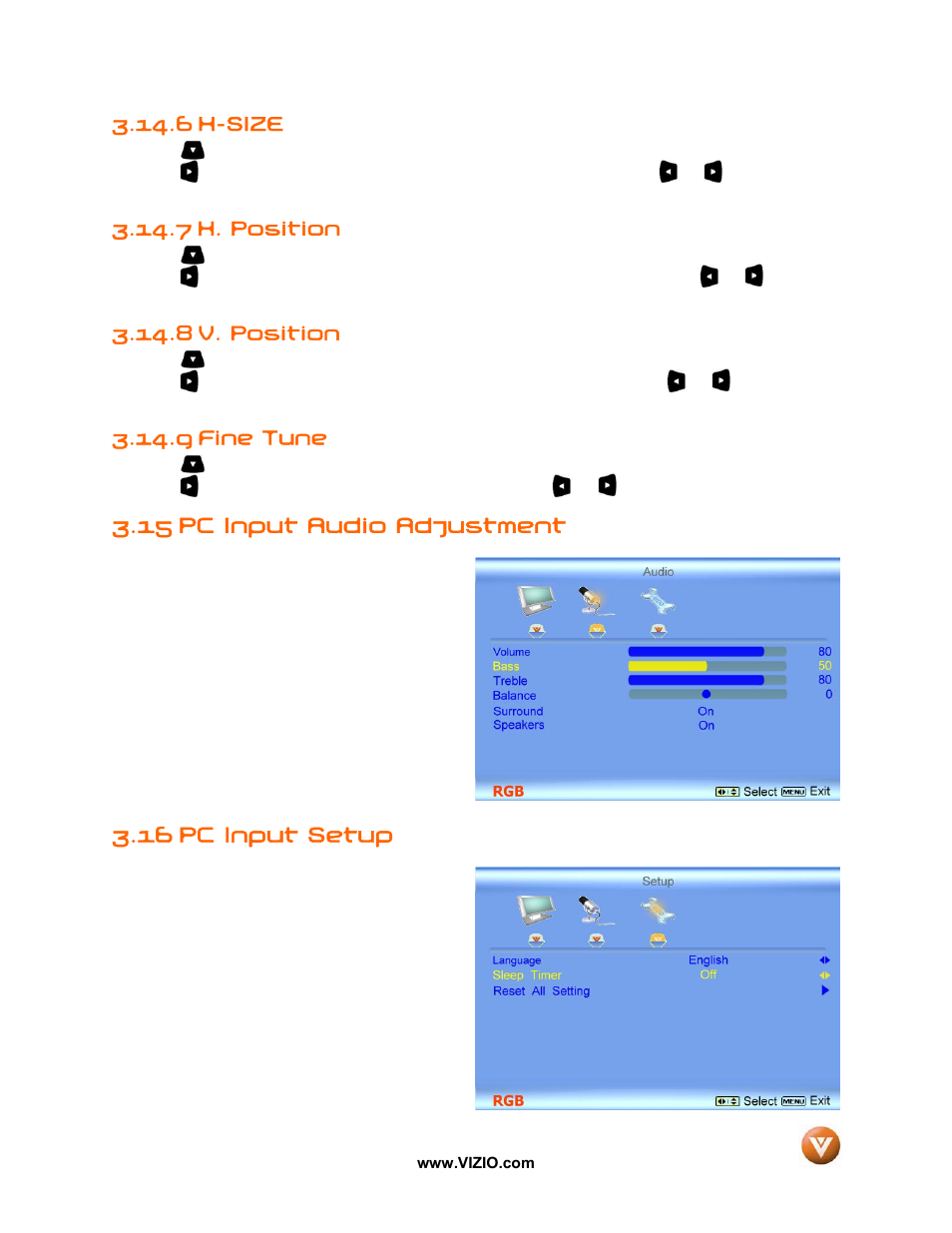 6 h-size, 7 h. position, 8 v. position | 9 fine tune, 15 pc input audio adjustment, 16 pc input setup | Vizio VW42L User Manual | Page 46 / 57