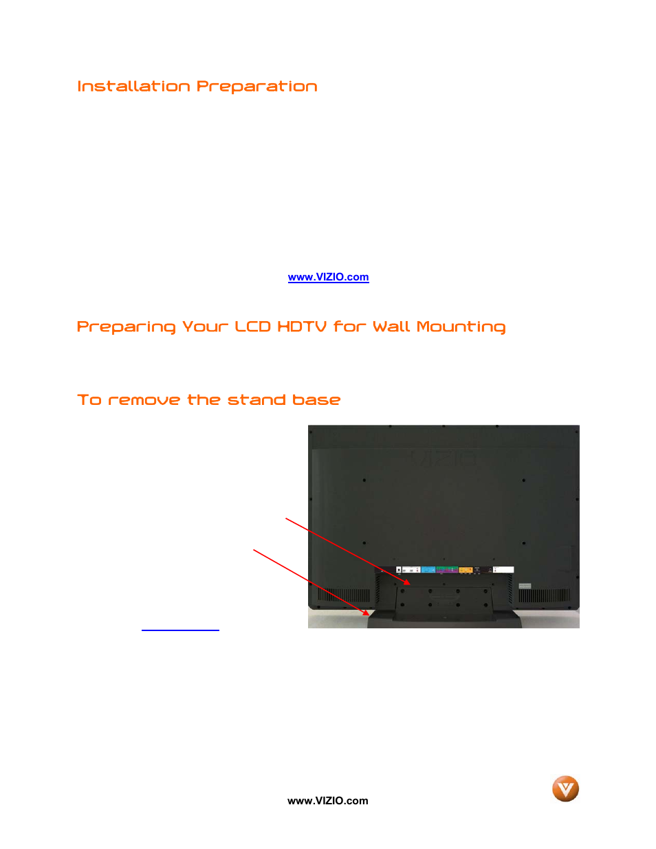 Installation preparation, Preparing your lcd hdtv for wall mounting | Vizio VW42L User Manual | Page 5 / 57