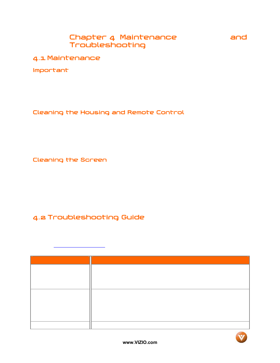 1 maintenance, 2 troubleshooting guide, Chapter 4 maintenance and troubleshooting | Vizio VW42L User Manual | Page 50 / 57