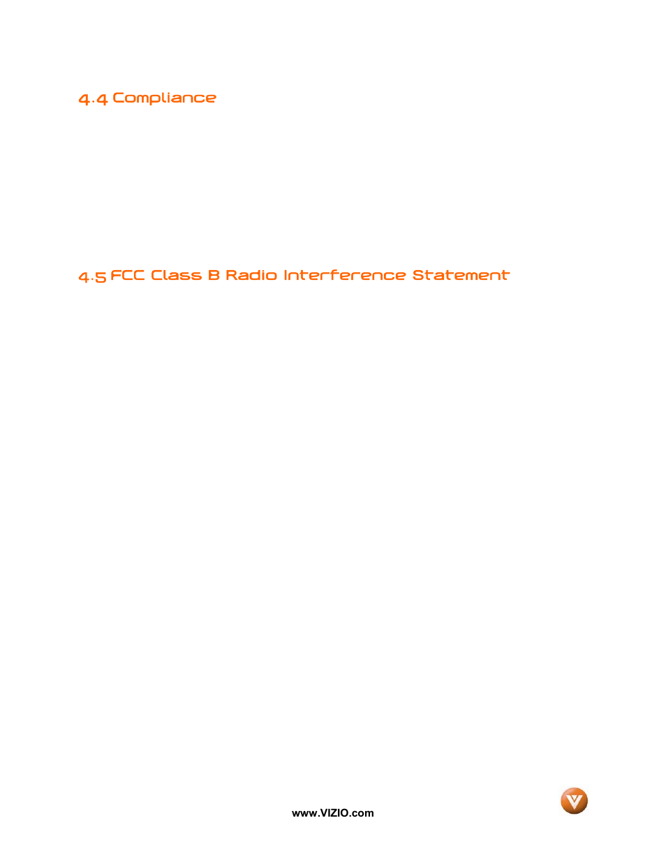 4 compliance, 5 fcc class b radio interference statement, Compliance | Vizio VW42L User Manual | Page 53 / 57