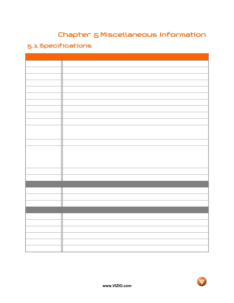 1 specifications, Chapter 5 miscellaneous information | Vizio VW42L User Manual | Page 54 / 57