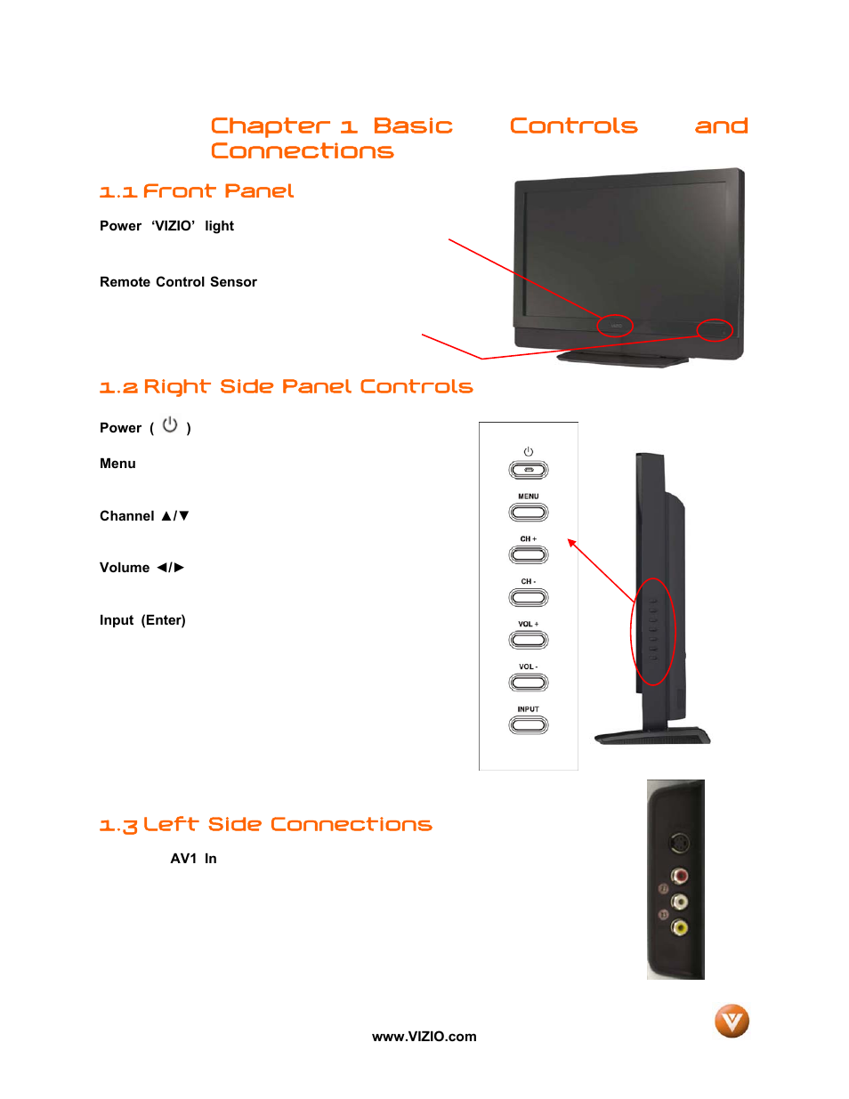 Front panel, 2 right side panel controls, 3 left side connections | Chapter 1 basic controls and connections, 1 front panel | Vizio VW42L User Manual | Page 8 / 57